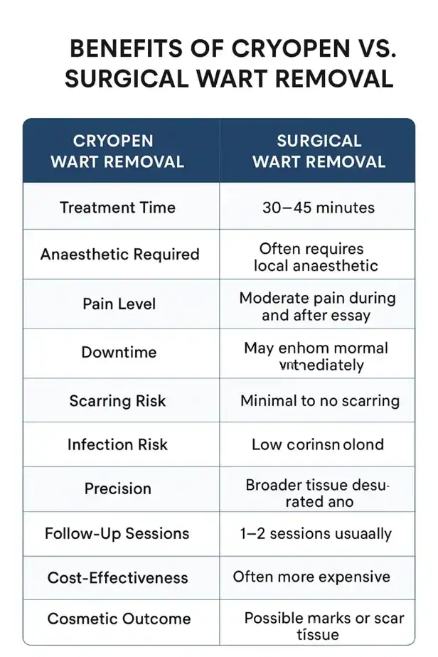 Table showing the benefits of cryopen to remove warts Ealing compared to surgical treatment